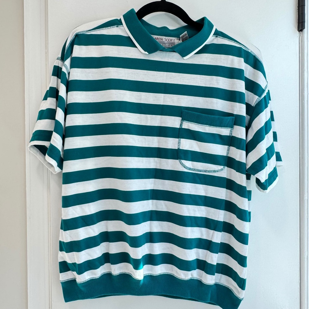Karen Scott Collections Striped Polo Shirt‎ Shoulder Pads Vintage size Women's L